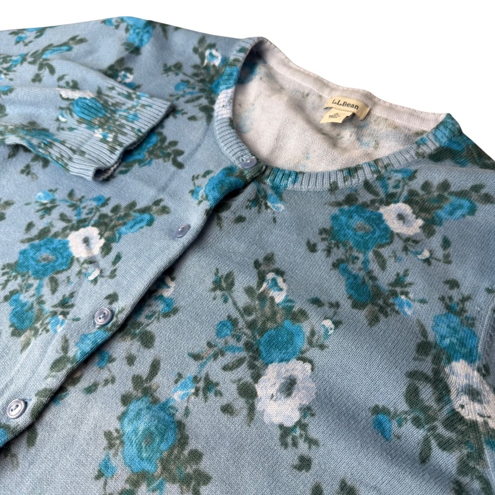 L.L. Bean Soft Blue Watercolor Floral Cardigan Women Lg Button Down Cottagecore